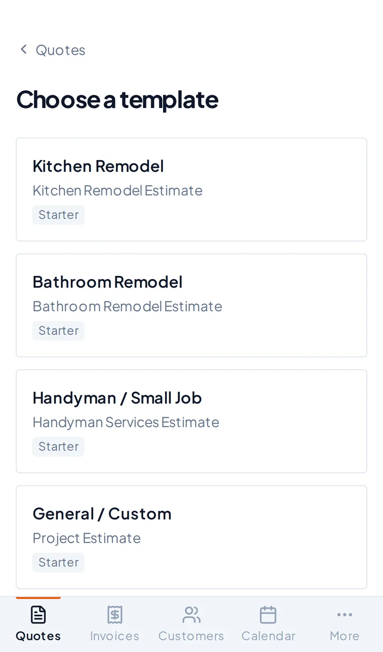 Choosing a quote template in the Bids & Quotes app on a phone