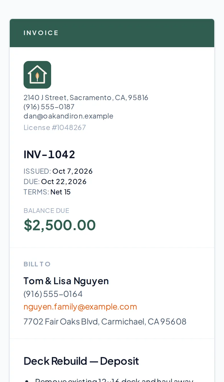 A branded invoice as the customer sees it on their phone