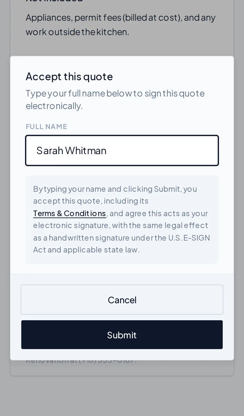 A customer signing to accept a quote on their phone